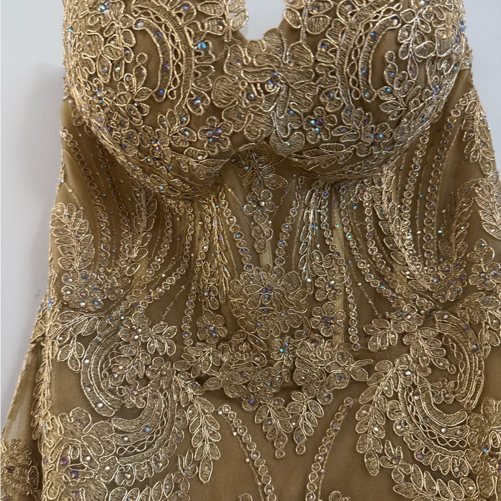 Ellie Wilde Gold Lace Prom Dress - Picture 4 of 15